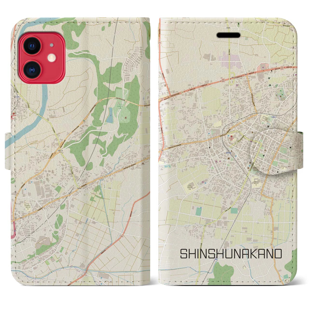 【信州中野】地図柄iPhoneケース（手帳両面タイプ・ナチュラル）iPhone 11 用