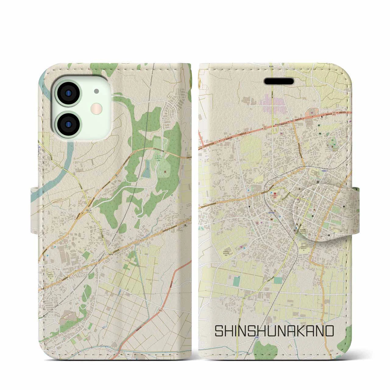 【信州中野】地図柄iPhoneケース（手帳両面タイプ・ナチュラル）iPhone 12 mini 用