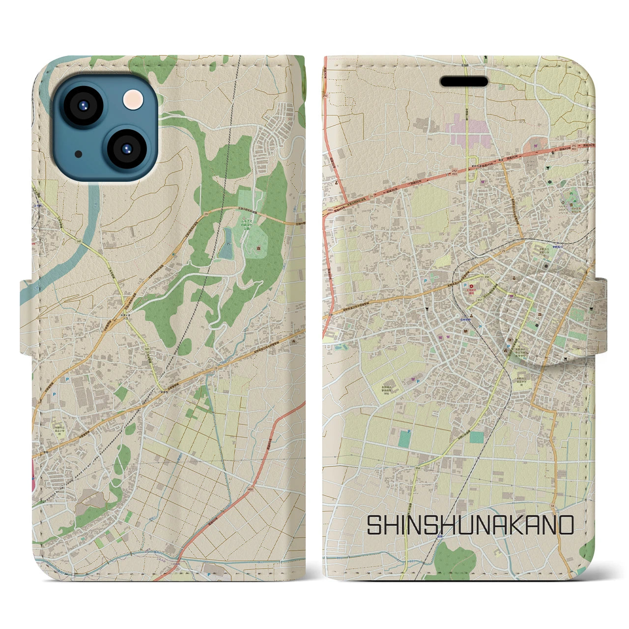 【信州中野】地図柄iPhoneケース（手帳両面タイプ・ナチュラル）iPhone 13 用