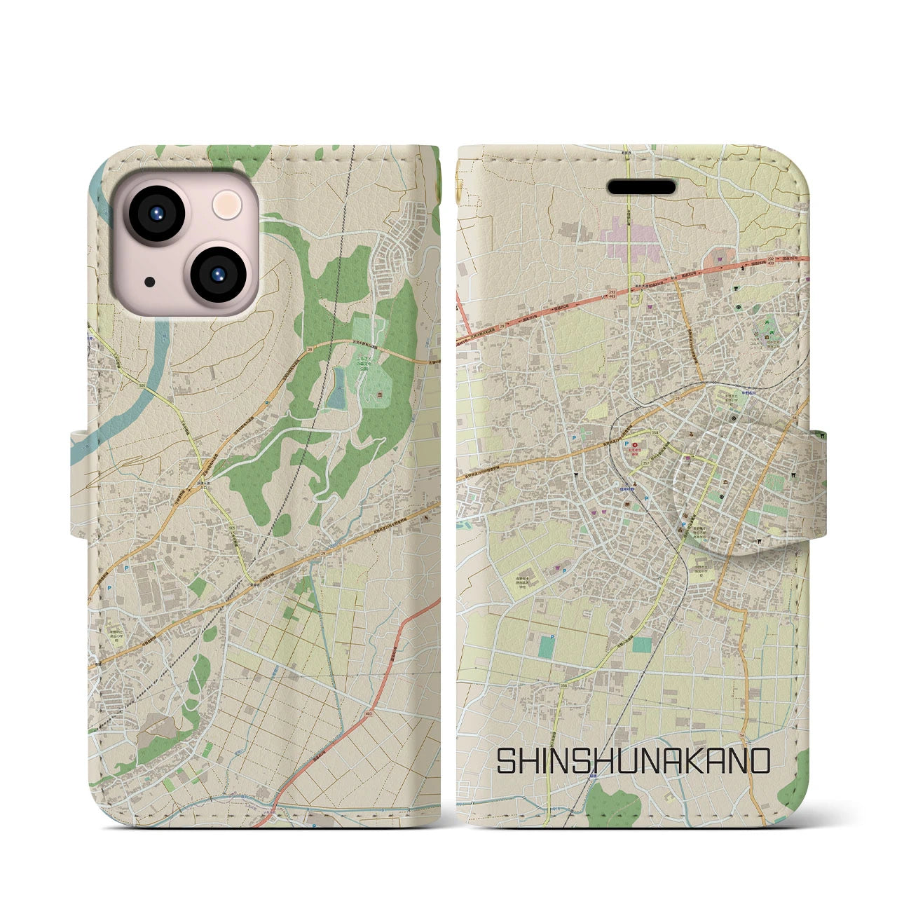 【信州中野】地図柄iPhoneケース（手帳両面タイプ・ナチュラル）iPhone 13 mini 用