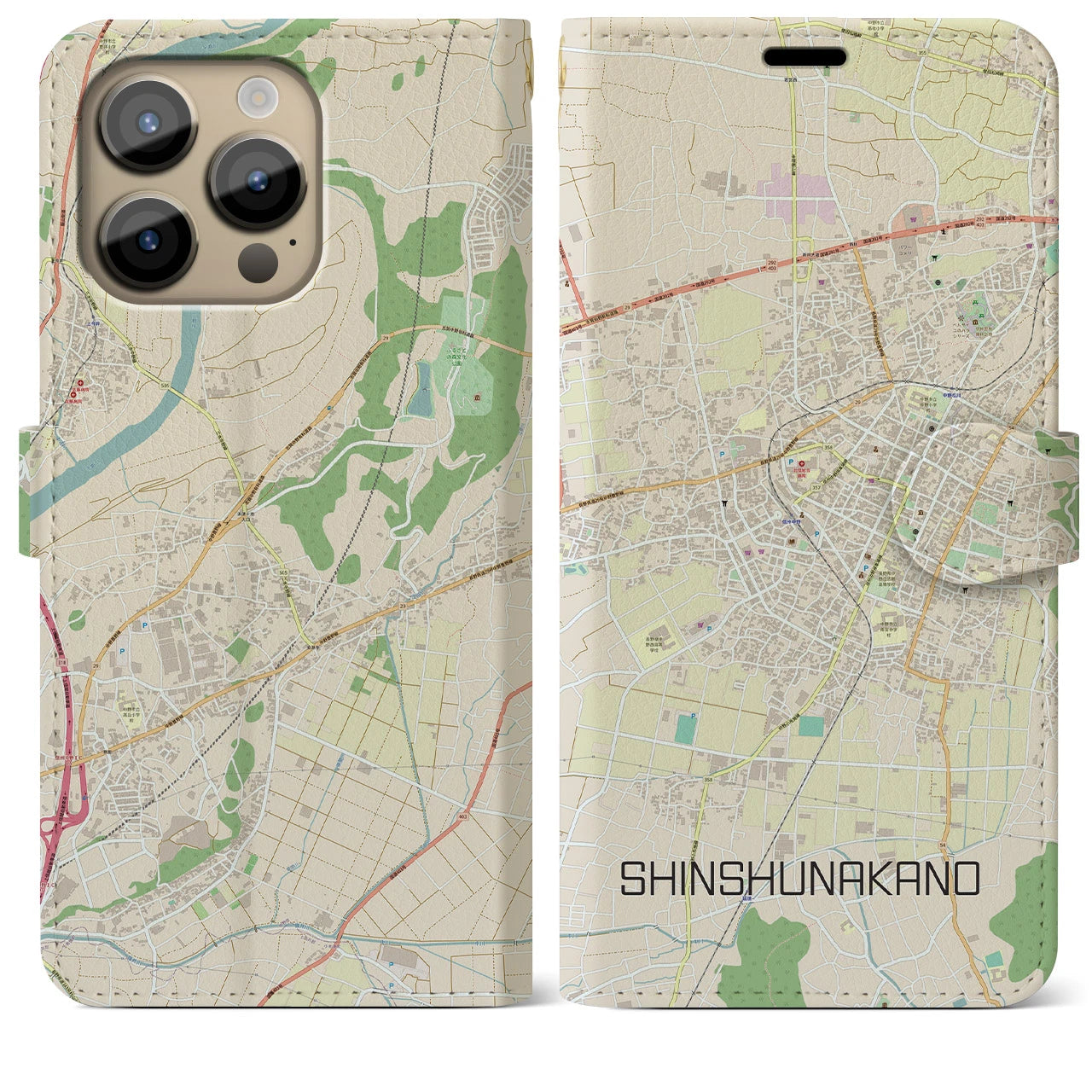 【信州中野】地図柄iPhoneケース（手帳両面タイプ・ナチュラル）iPhone 14 Pro Max 用