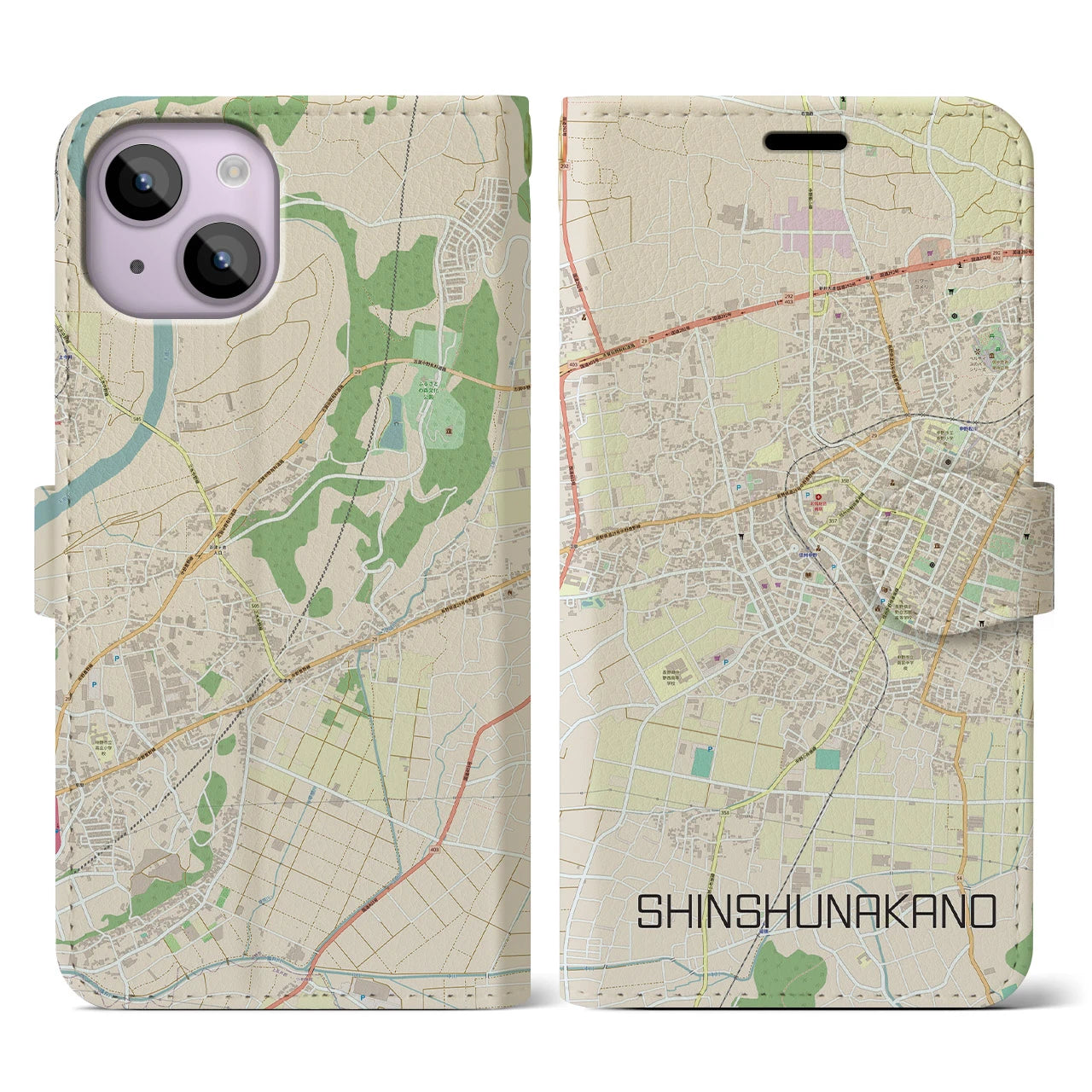【信州中野】地図柄iPhoneケース（手帳両面タイプ・ナチュラル）iPhone 14 用