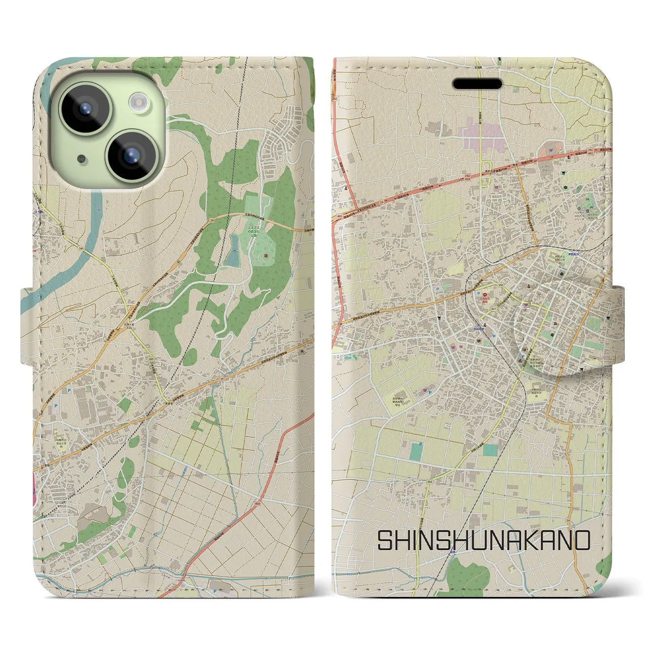 【信州中野】地図柄iPhoneケース（手帳両面タイプ・ナチュラル）iPhone 15 用