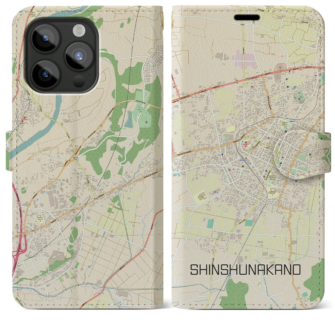 【信州中野】地図柄iPhoneケース（手帳両面タイプ・ナチュラル）iPhone 15 Pro Max 用
