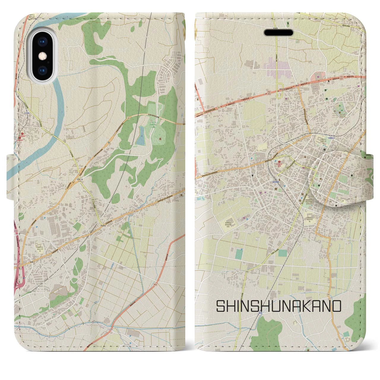 【信州中野】地図柄iPhoneケース（手帳両面タイプ・ナチュラル）iPhone XS Max 用