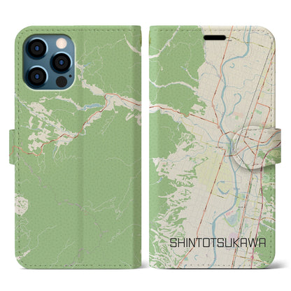 【新十津川（北海道）】地図柄iPhoneケース（手帳タイプ）ナチュラル・iPhone 12 / 12 Pro 用