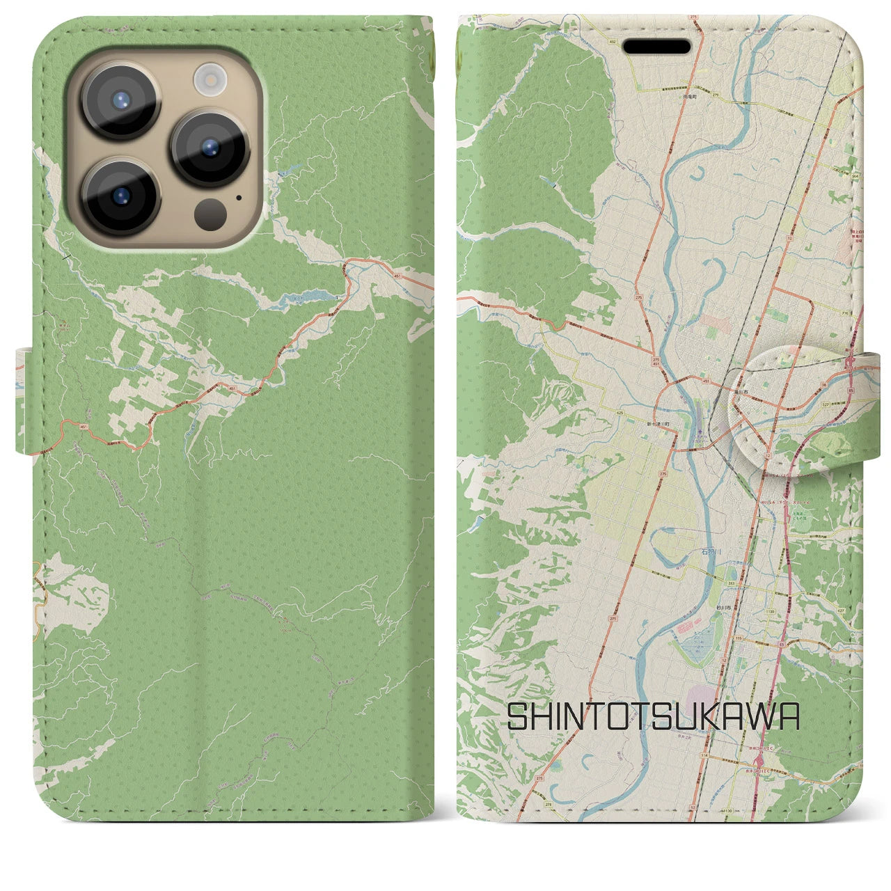 【新十津川】地図柄iPhoneケース（手帳両面タイプ・ナチュラル）iPhone 14 Pro Max 用