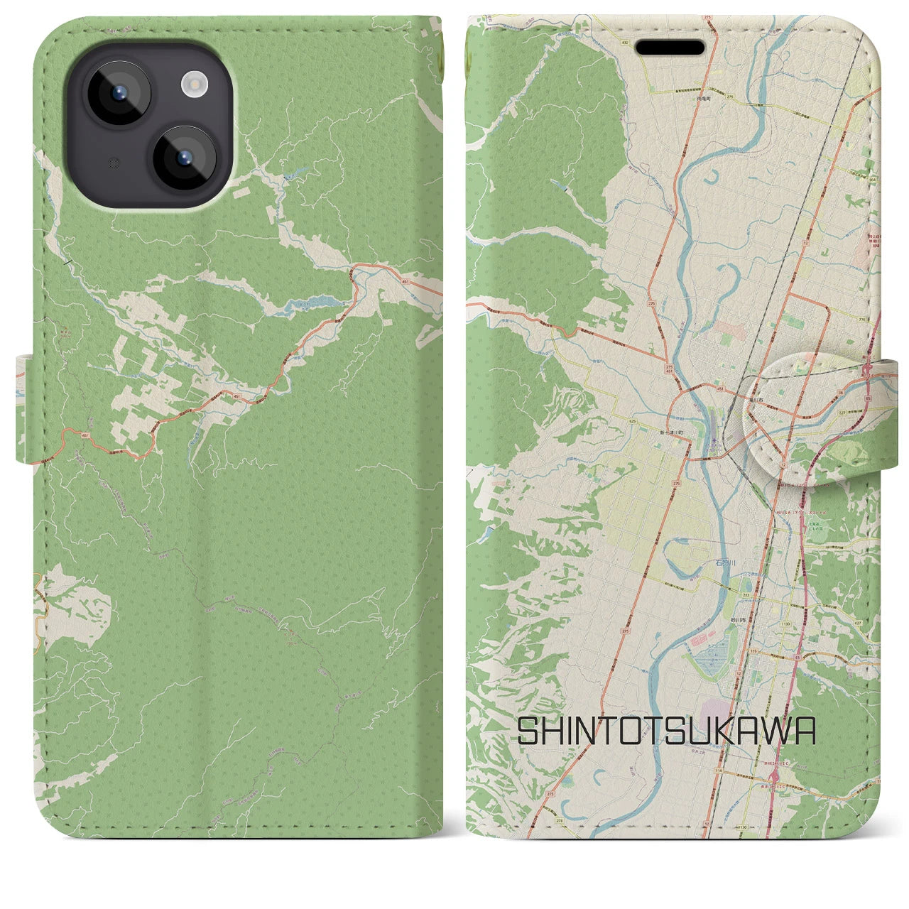 【新十津川】地図柄iPhoneケース（手帳両面タイプ・ナチュラル）iPhone 14 Plus 用