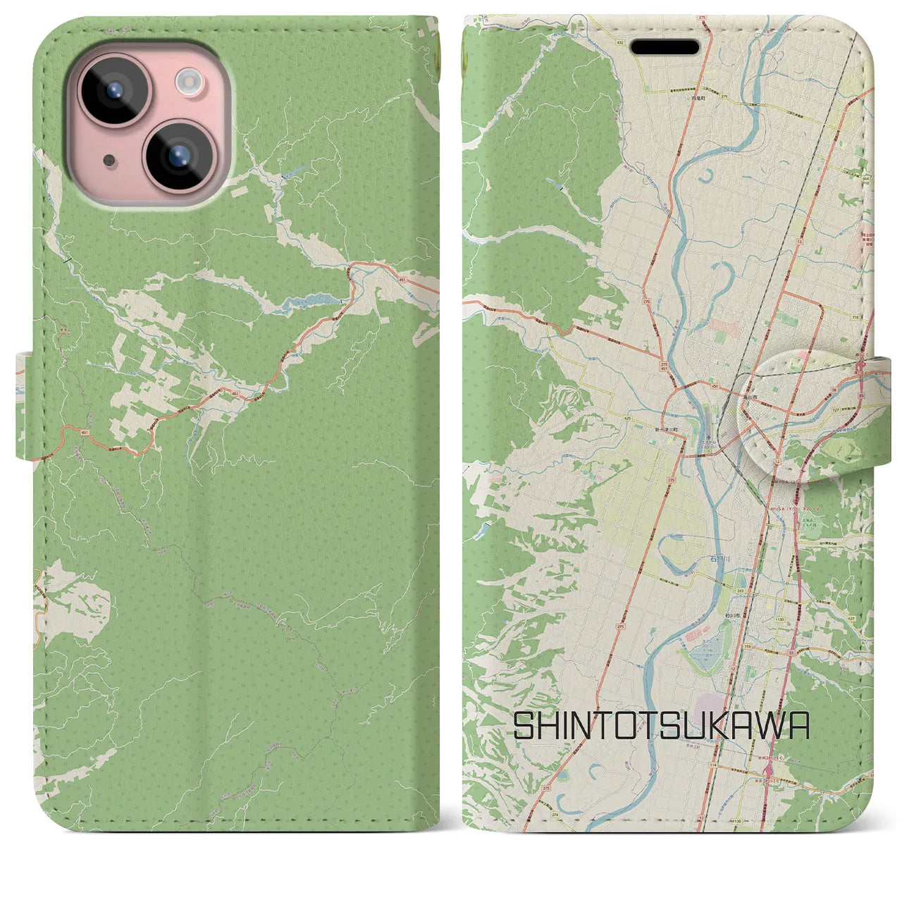 【新十津川】地図柄iPhoneケース（手帳両面タイプ・ナチュラル）iPhone 15 Plus 用