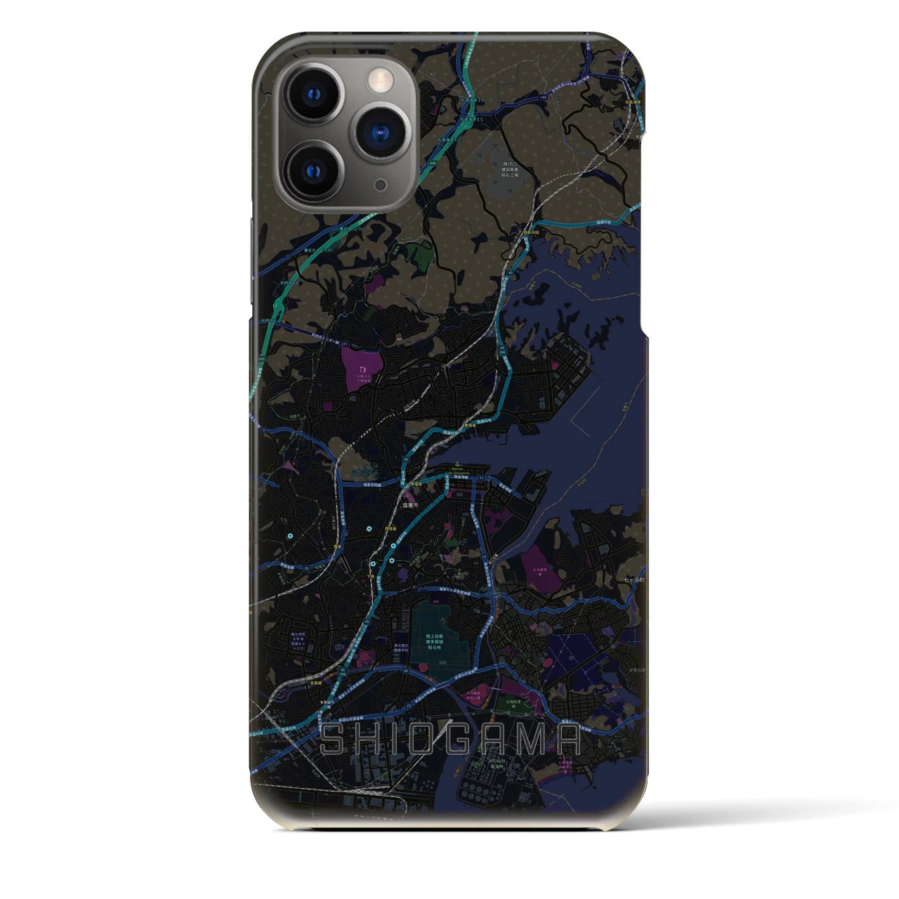 【塩竈】地図柄iPhoneケース（バックカバータイプ・ブラック）iPhone 11 Pro Max 用
