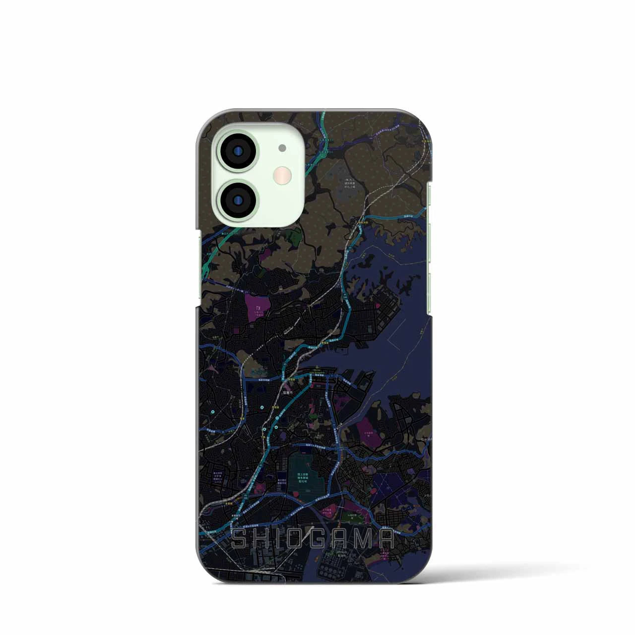【塩竈】地図柄iPhoneケース（バックカバータイプ・ブラック）iPhone 12 mini 用