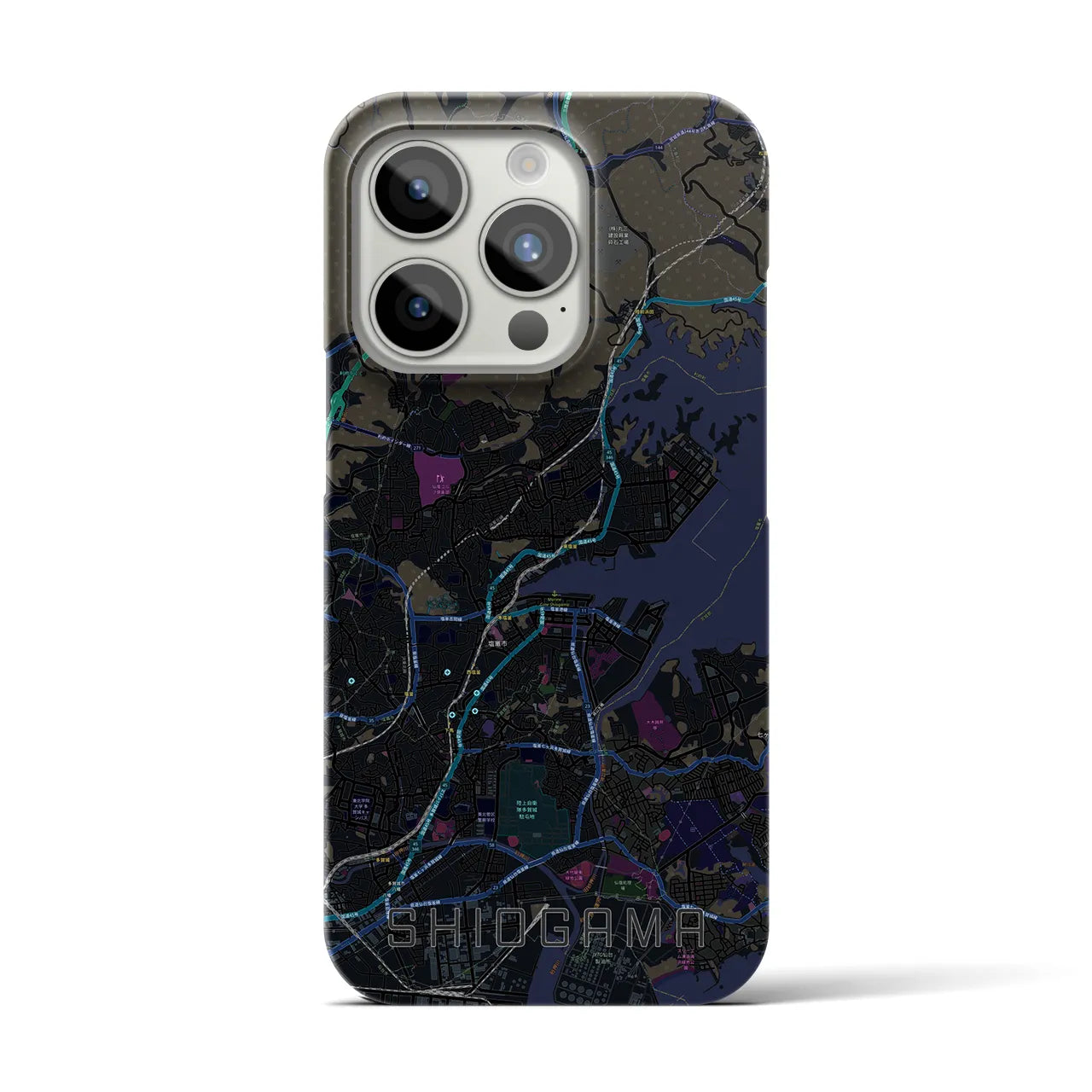 【塩竈】地図柄iPhoneケース（バックカバータイプ・ブラック）iPhone 15 Pro 用