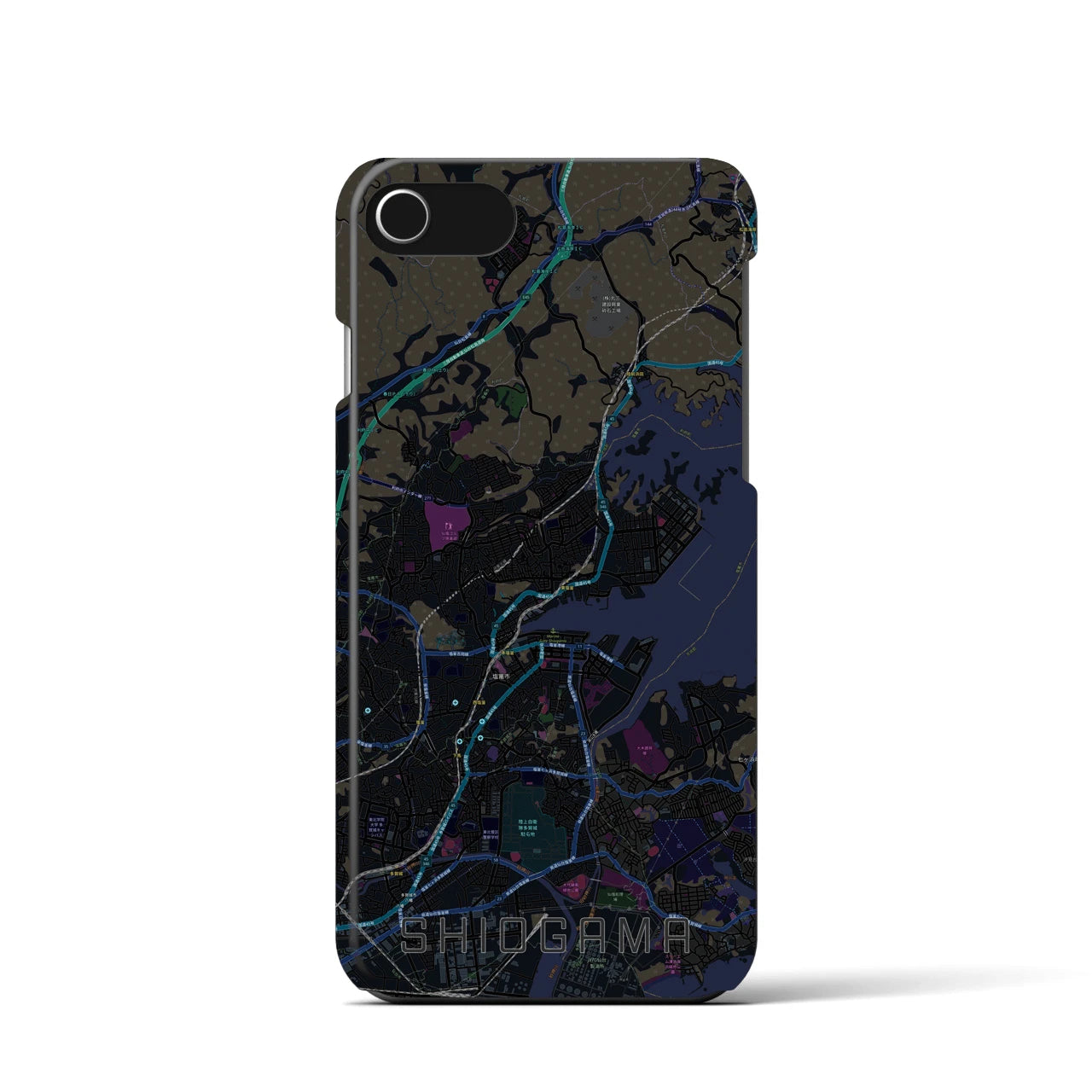 【塩竈】地図柄iPhoneケース（バックカバータイプ・ブラック）iPhone SE（第3 / 第2世代） / 8 / 7 / 6s / 6 用