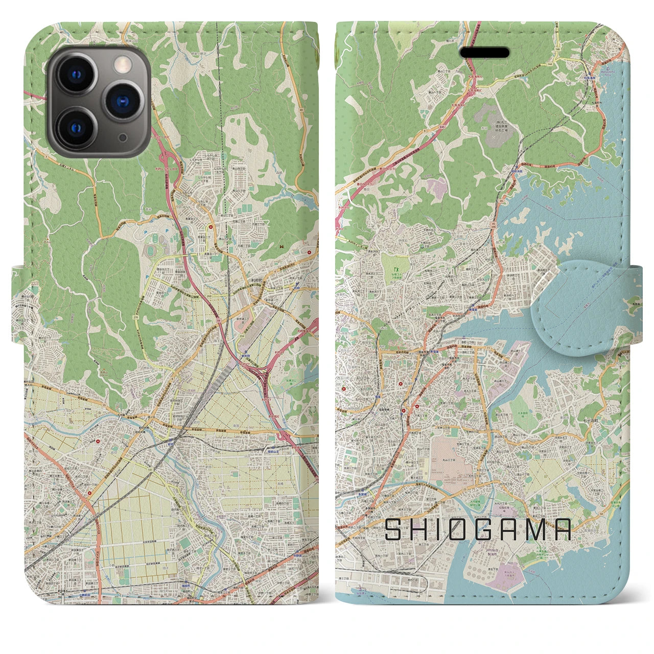 【塩竈】地図柄iPhoneケース（手帳両面タイプ・ナチュラル）iPhone 11 Pro Max 用
