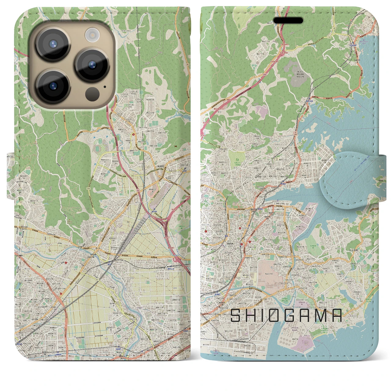 【塩竈】地図柄iPhoneケース（手帳両面タイプ・ナチュラル）iPhone 14 Pro Max 用