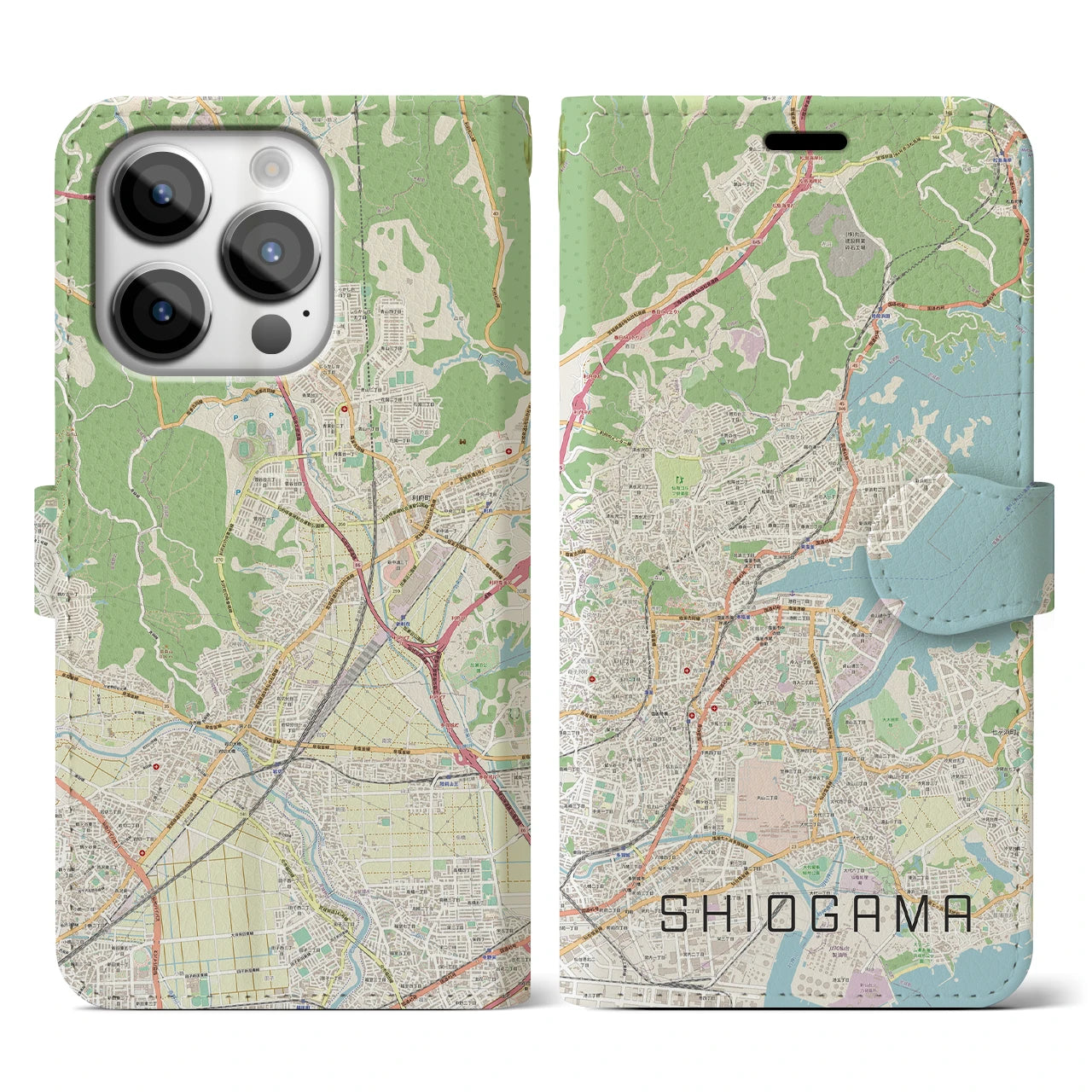【塩竈】地図柄iPhoneケース（手帳両面タイプ・ナチュラル）iPhone 14 Pro 用