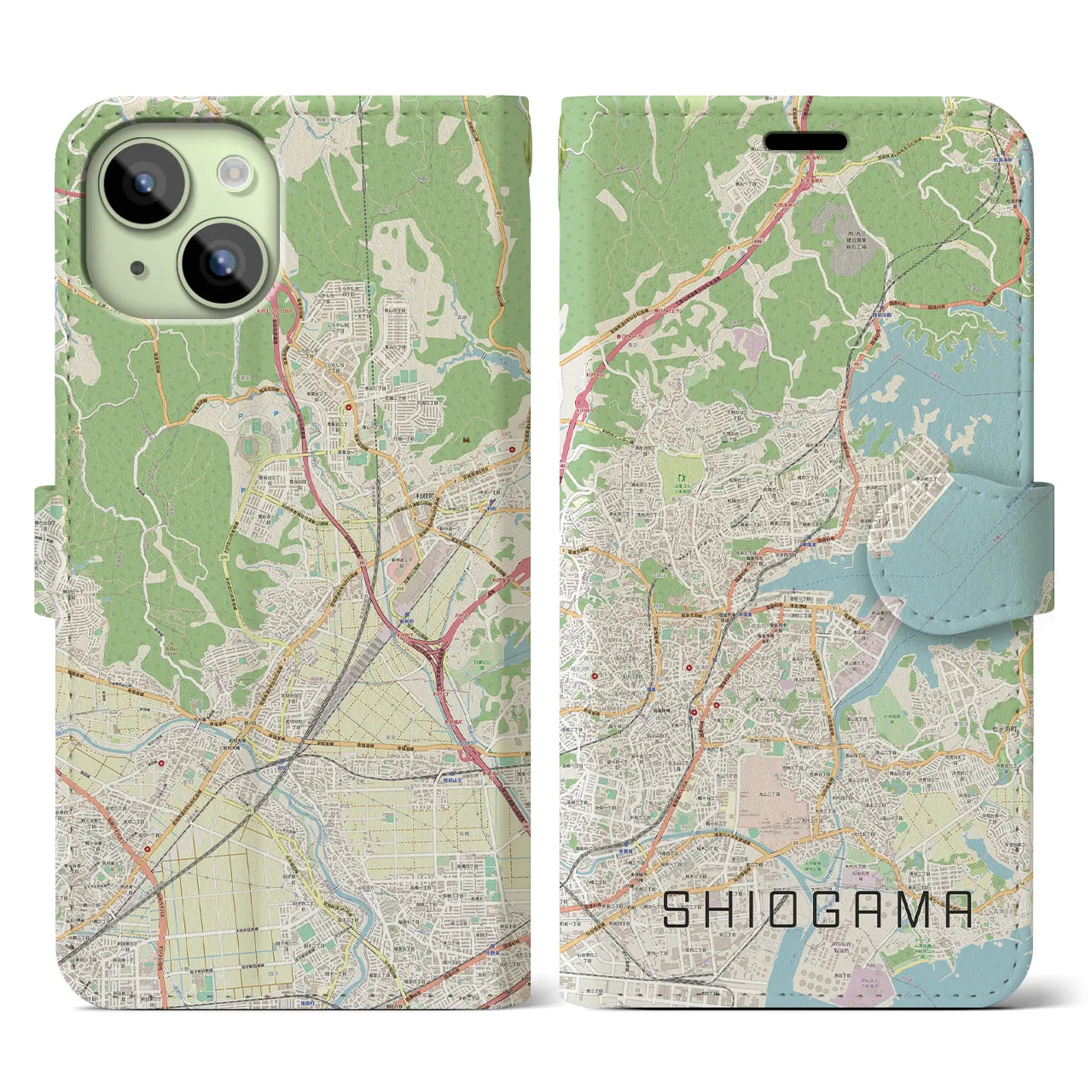 【塩竈】地図柄iPhoneケース（手帳両面タイプ・ナチュラル）iPhone 15 用