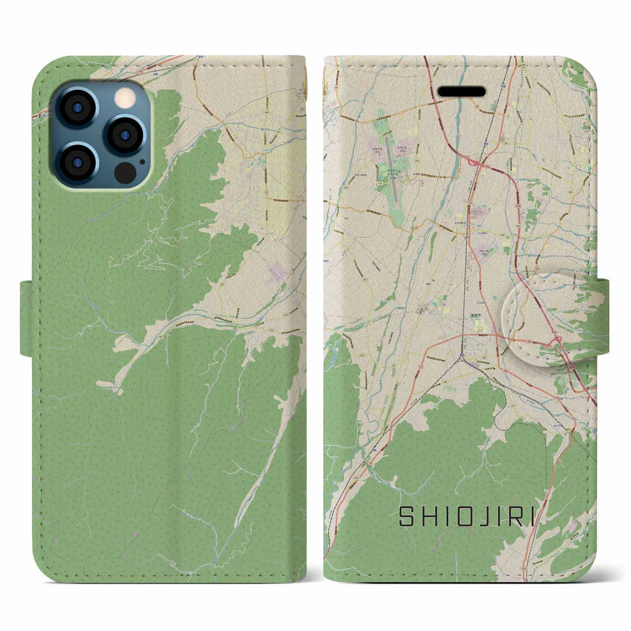 【塩尻】地図柄iPhoneケース（手帳両面タイプ・ナチュラル）iPhone 12 / 12 Pro 用