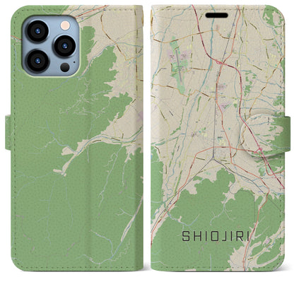 【塩尻（長野県）】地図柄iPhoneケース（手帳タイプ）ナチュラル・iPhone 13 Pro Max 用