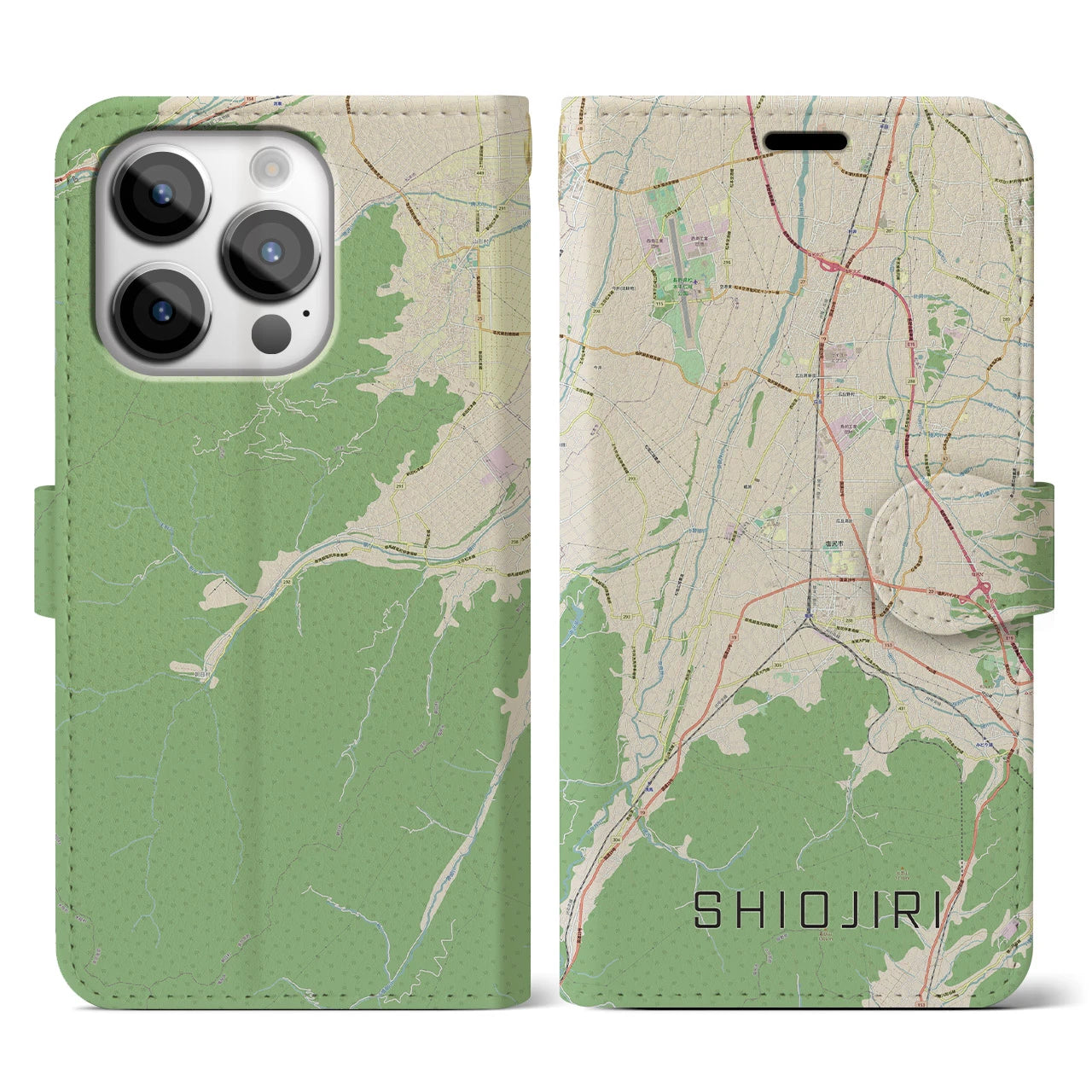 【塩尻】地図柄iPhoneケース（手帳両面タイプ・ナチュラル）iPhone 14 Pro 用