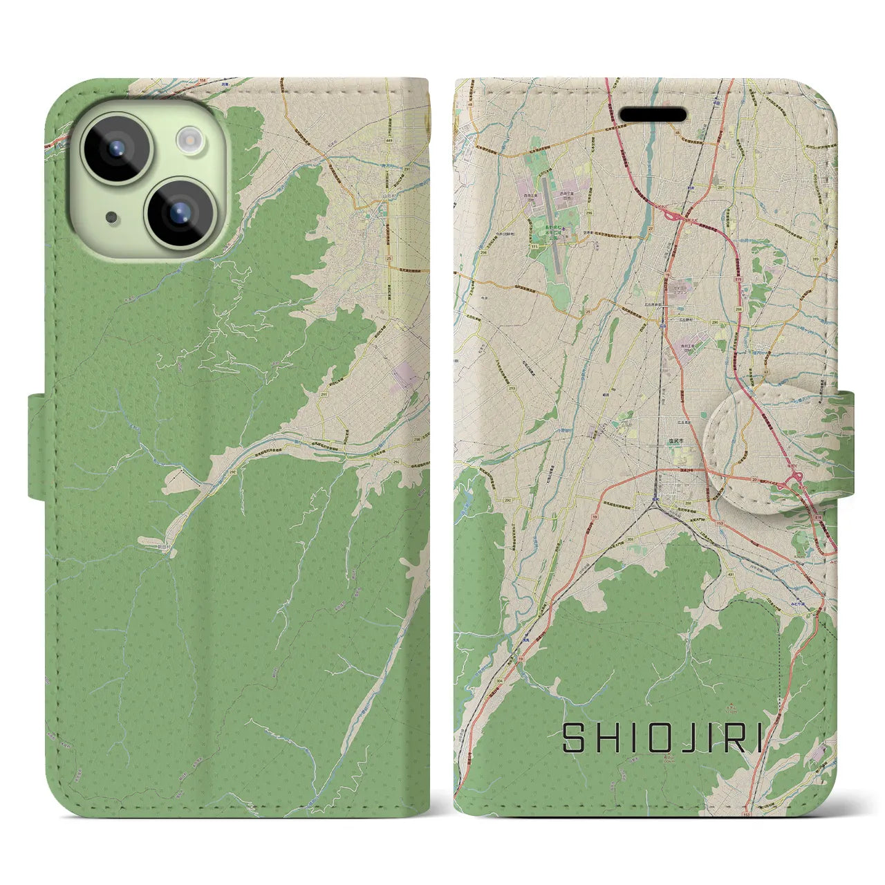【塩尻】地図柄iPhoneケース（手帳両面タイプ・ナチュラル）iPhone 15 用