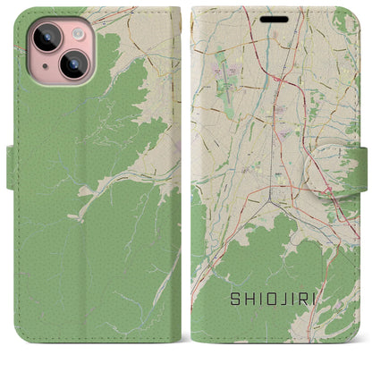 【塩尻（長野県）】地図柄iPhoneケース（手帳タイプ）ナチュラル・iPhone 15 Plus 用