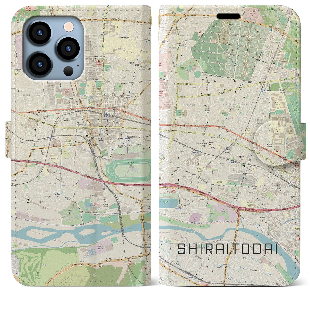 【白糸台】地図柄iPhoneケース（手帳両面タイプ・ナチュラル）iPhone 13 Pro Max 用