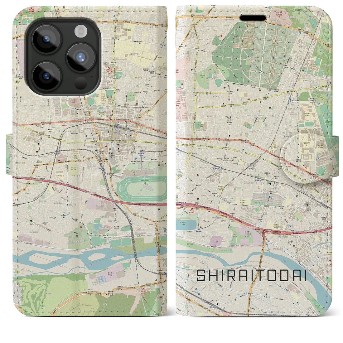 【白糸台】地図柄iPhoneケース（手帳両面タイプ・ナチュラル）iPhone 15 Pro Max 用