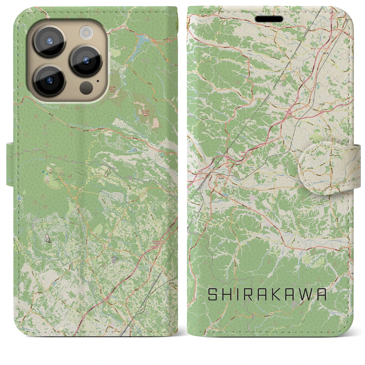 【白河】地図柄iPhoneケース（手帳両面タイプ・ナチュラル）iPhone 14 Pro Max 用