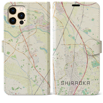 【白岡（埼玉県）】地図柄iPhoneケース（手帳タイプ）ナチュラル・iPhone 12 Pro Max 用