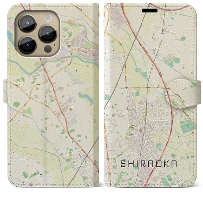 【白岡（埼玉県）】地図柄iPhoneケース（手帳タイプ）ナチュラル・iPhone 14 Pro Max 用