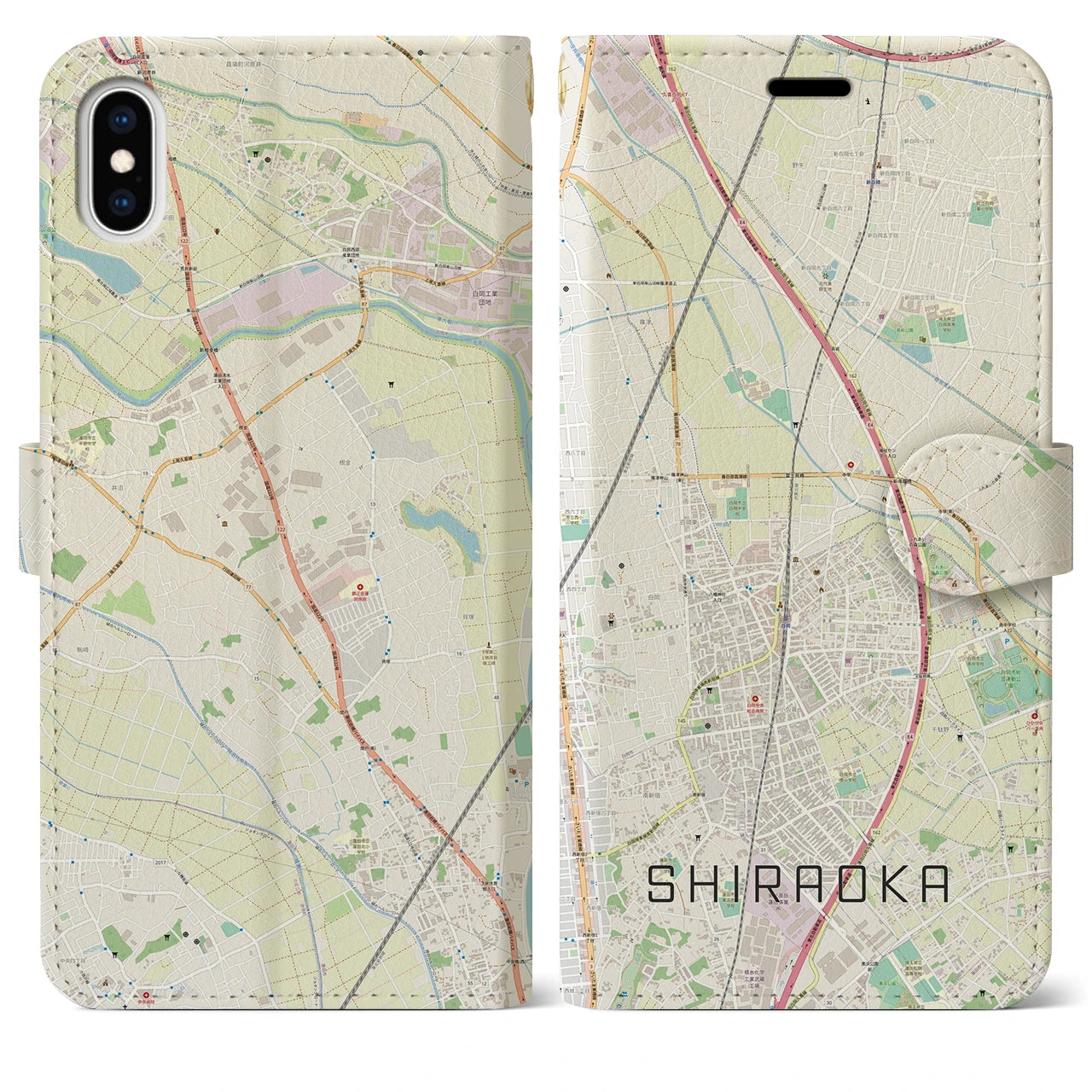 【白岡】地図柄iPhoneケース（手帳両面タイプ・ナチュラル）iPhone XS Max 用
