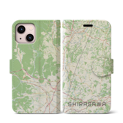 【白沢（福島県）】地図柄iPhoneケース（手帳タイプ）ナチュラル・iPhone 13 mini 用