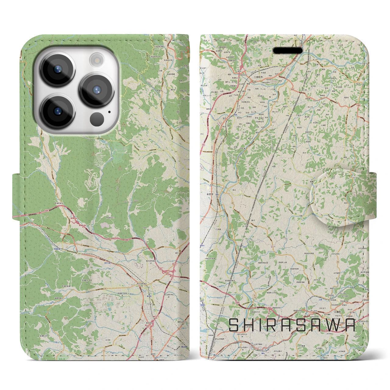 【白沢】地図柄iPhoneケース（手帳両面タイプ・ナチュラル）iPhone 14 Pro 用