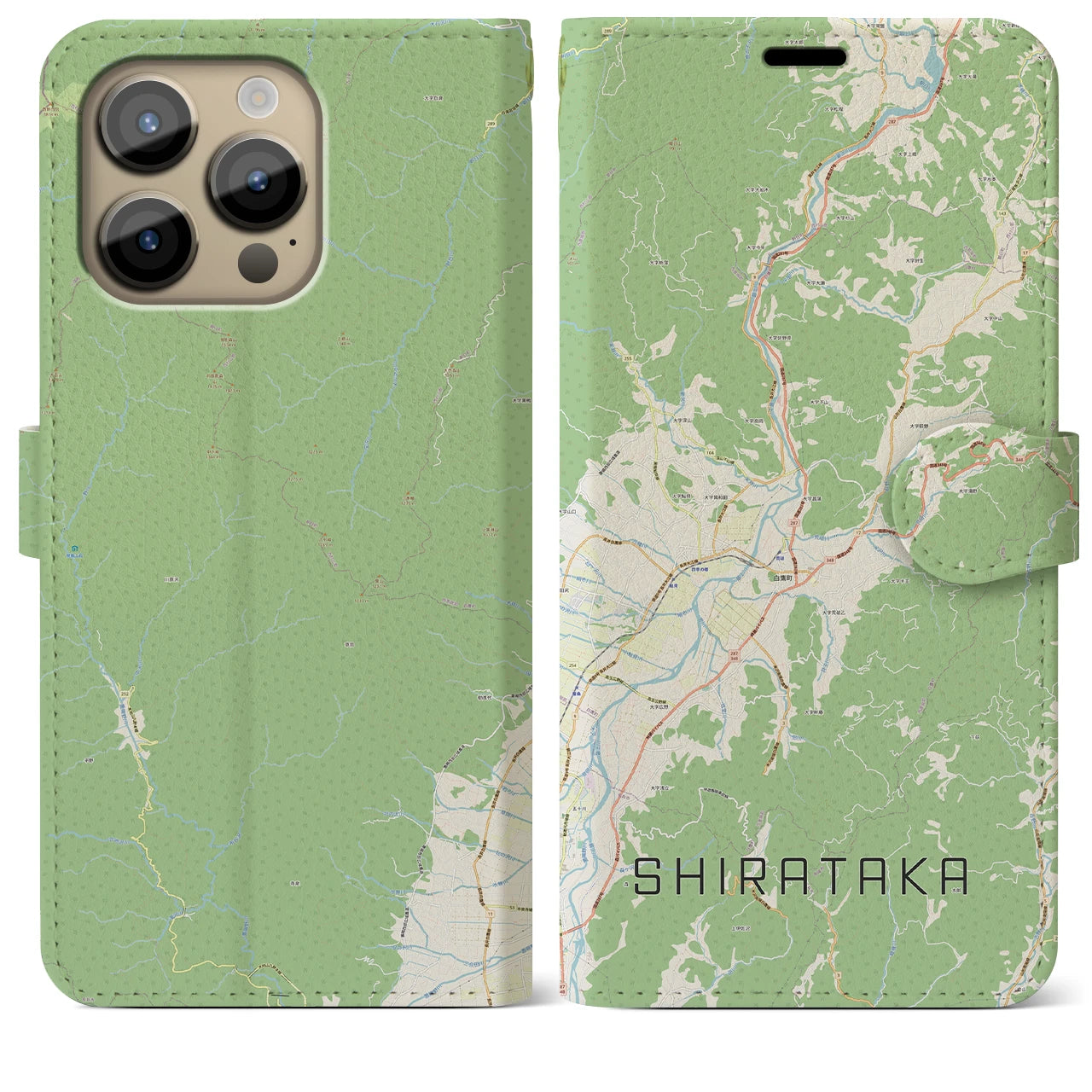 【白鷹（山形県）】地図柄iPhoneケース（手帳タイプ）ナチュラル・iPhone 14 Pro Max 用