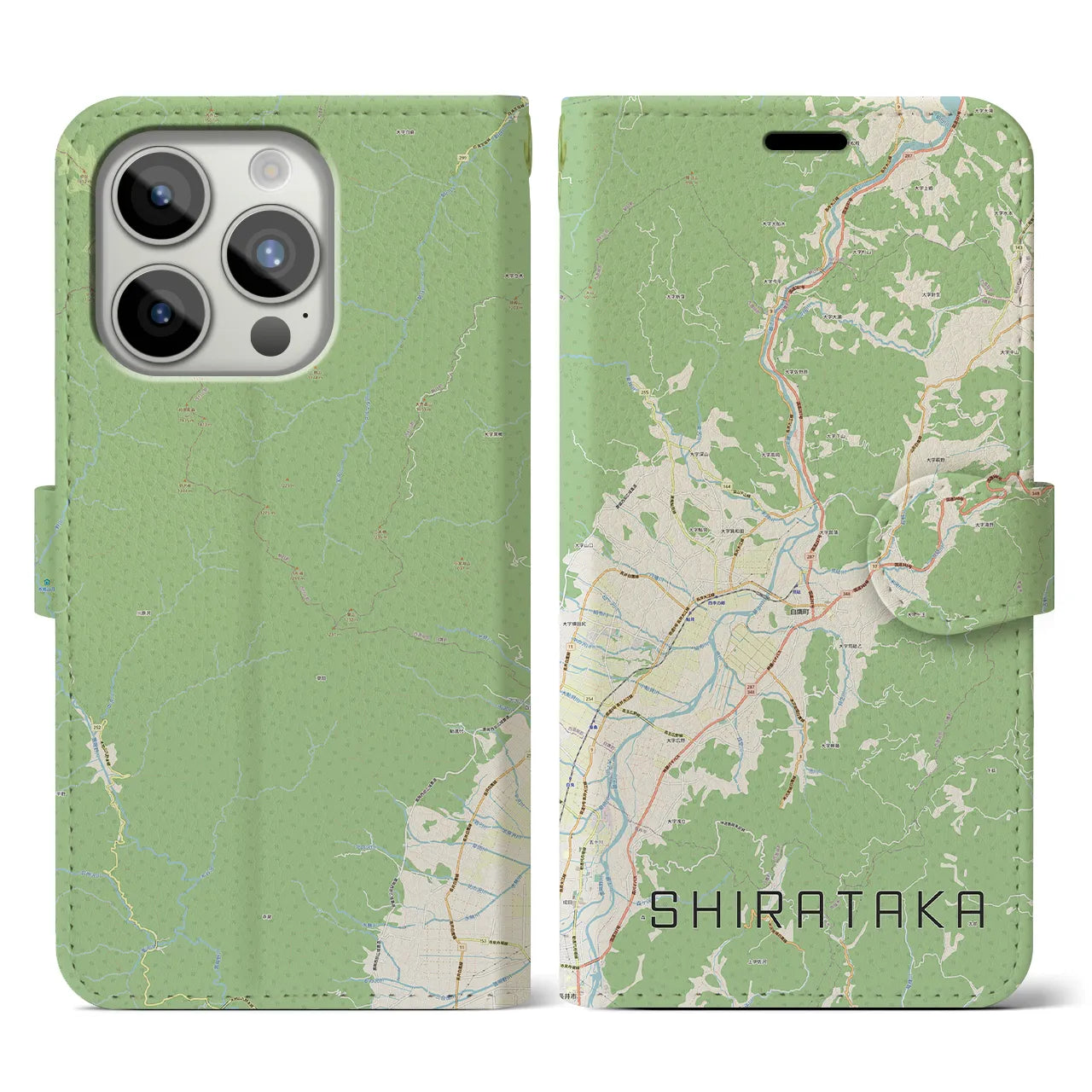 【白鷹（山形県）】地図柄iPhoneケース（手帳タイプ）ナチュラル・iPhone 15 Pro 用