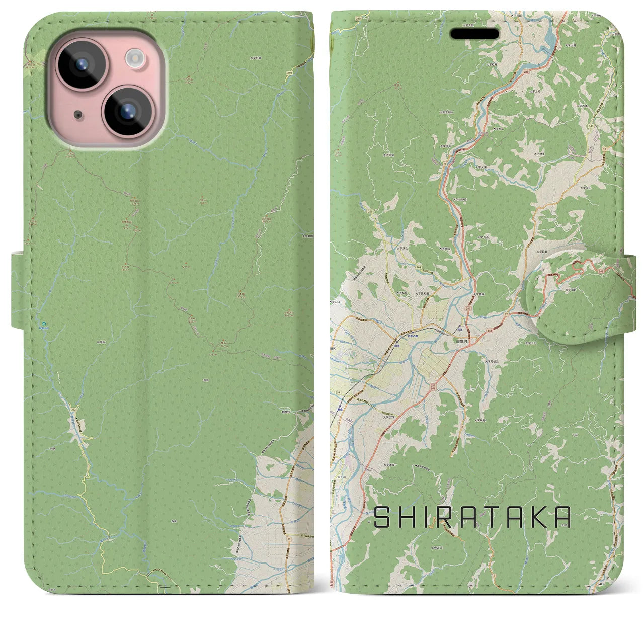 【白鷹（山形県）】地図柄iPhoneケース（手帳タイプ）ナチュラル・iPhone 15 Plus 用