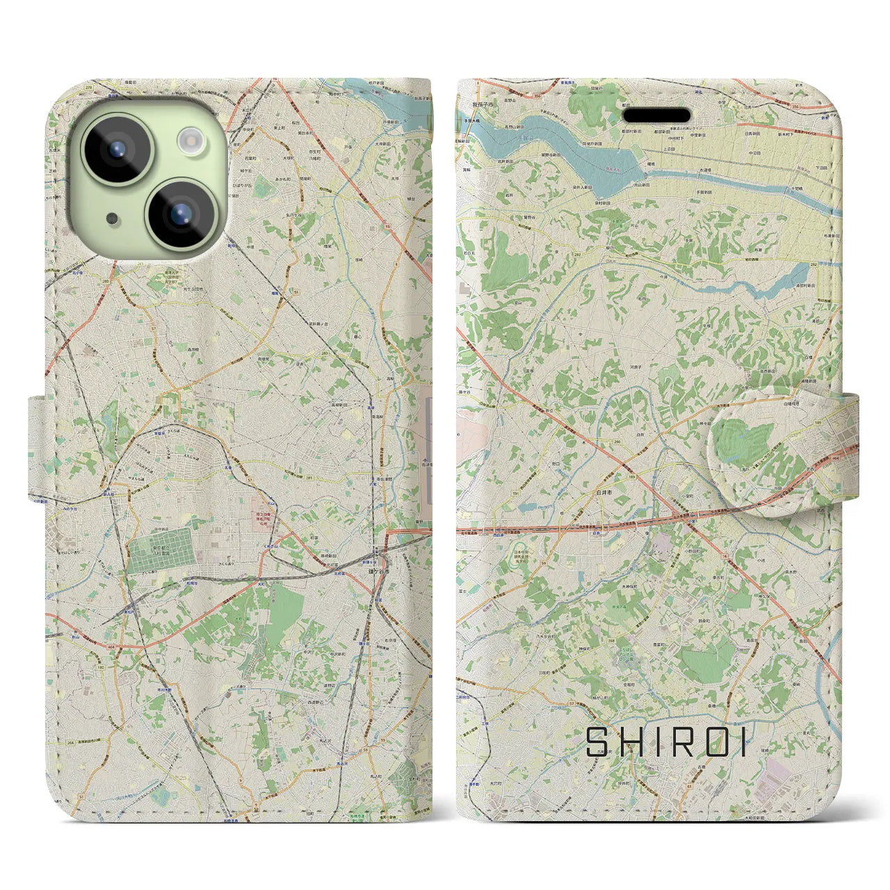 【白井】地図柄iPhoneケース（手帳両面タイプ・ナチュラル）iPhone 15 用