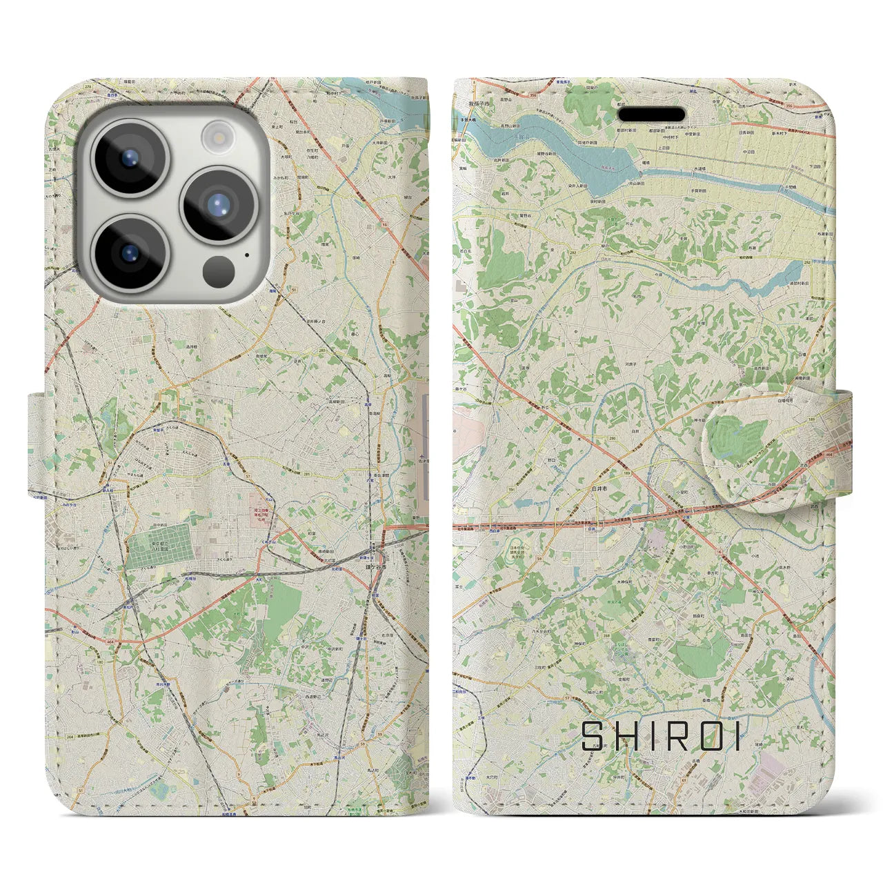【白井】地図柄iPhoneケース（手帳両面タイプ・ナチュラル）iPhone 15 Pro 用