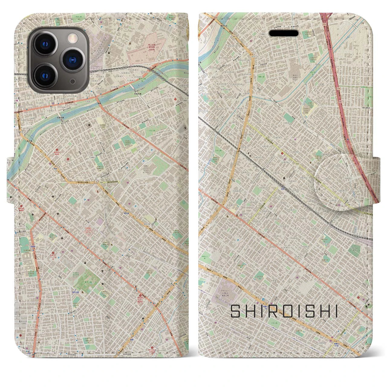 【白石（北海道）】地図柄iPhoneケース（手帳両面タイプ・ナチュラル）iPhone 11 Pro Max 用
