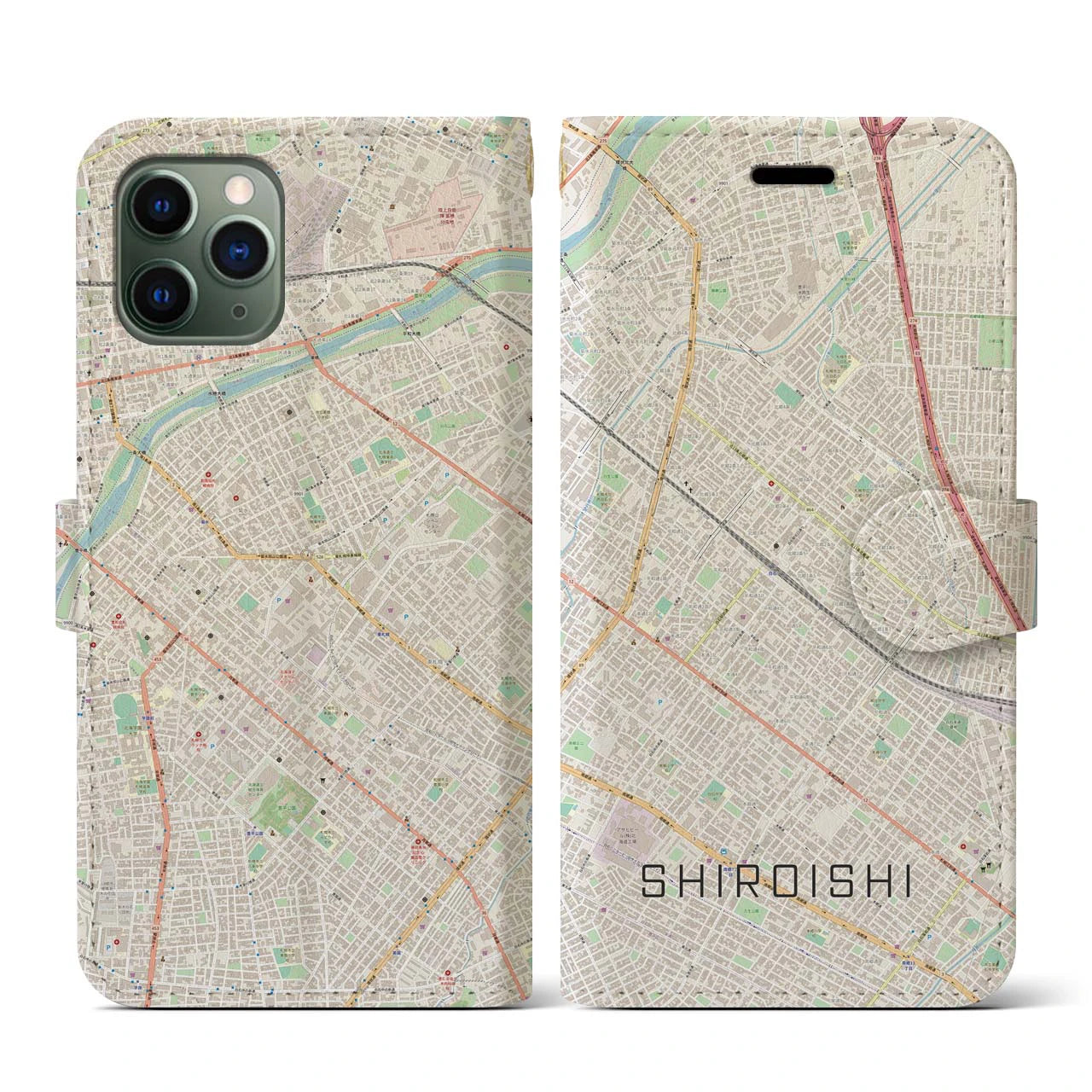 【白石（北海道）】地図柄iPhoneケース（手帳両面タイプ・ナチュラル）iPhone 11 Pro 用