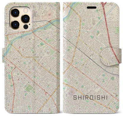 【白石（北海道）】地図柄iPhoneケース（手帳タイプ）ナチュラル・iPhone 12 Pro Max 用