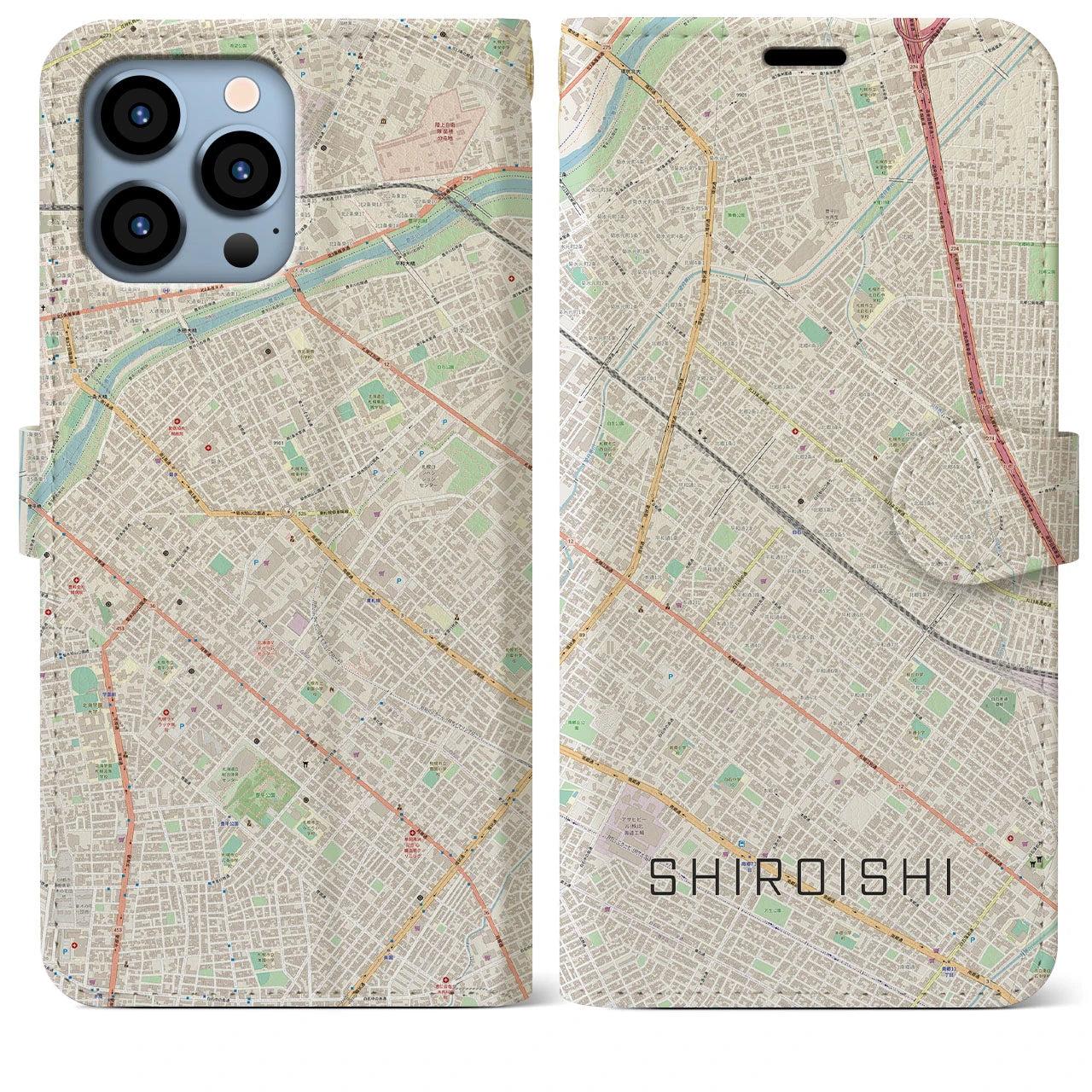 【白石（北海道）】地図柄iPhoneケース（手帳両面タイプ・ナチュラル）iPhone 13 Pro Max 用