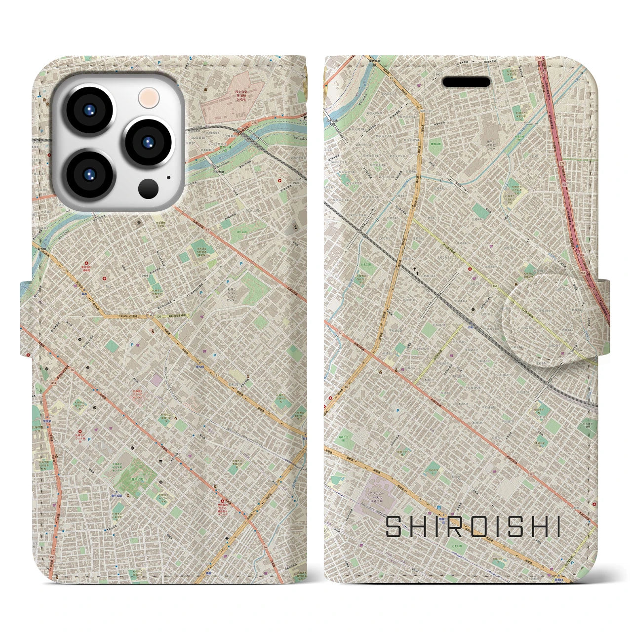 【白石（北海道）】地図柄iPhoneケース（手帳両面タイプ・ナチュラル）iPhone 13 Pro 用