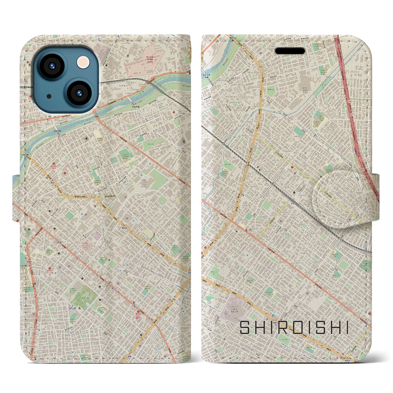 【白石（北海道）】地図柄iPhoneケース（手帳両面タイプ・ナチュラル）iPhone 13 用