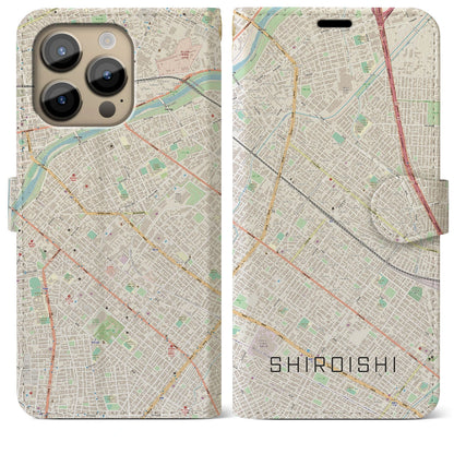【白石（北海道）】地図柄iPhoneケース（手帳タイプ）ナチュラル・iPhone 14 Pro Max 用