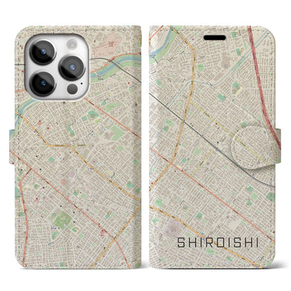 【白石（北海道）】地図柄iPhoneケース（手帳タイプ）ナチュラル・iPhone 14 Pro 用