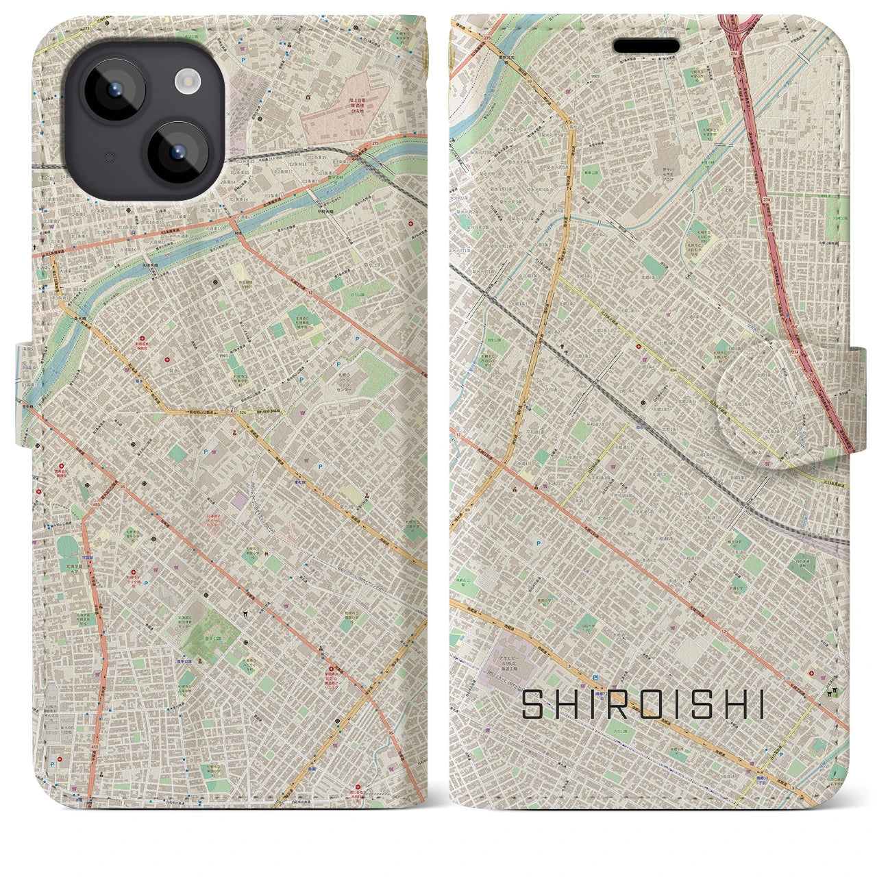 【白石（北海道）】地図柄iPhoneケース（手帳両面タイプ・ナチュラル）iPhone 14 Plus 用