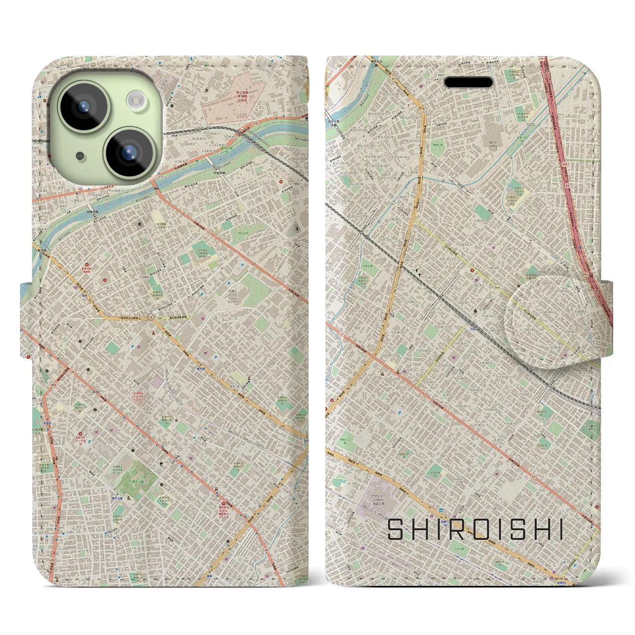 【白石（北海道）】地図柄iPhoneケース（手帳両面タイプ・ナチュラル）iPhone 15 用