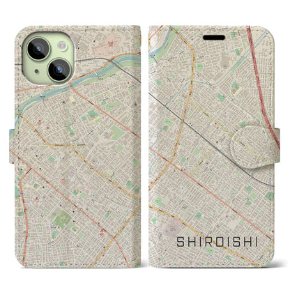 【白石（北海道）】地図柄iPhoneケース（手帳タイプ）ナチュラル・iPhone 15 用